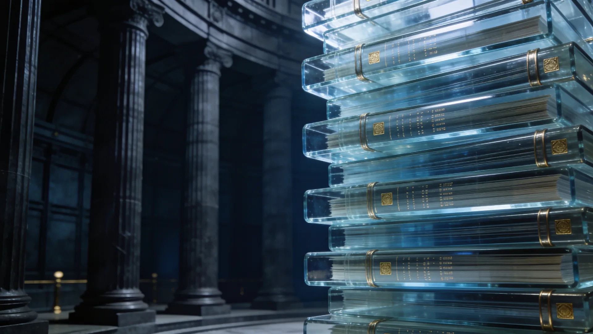 Abstract visualisation of records stored as ordered, sealed glass strata in a secure archive.