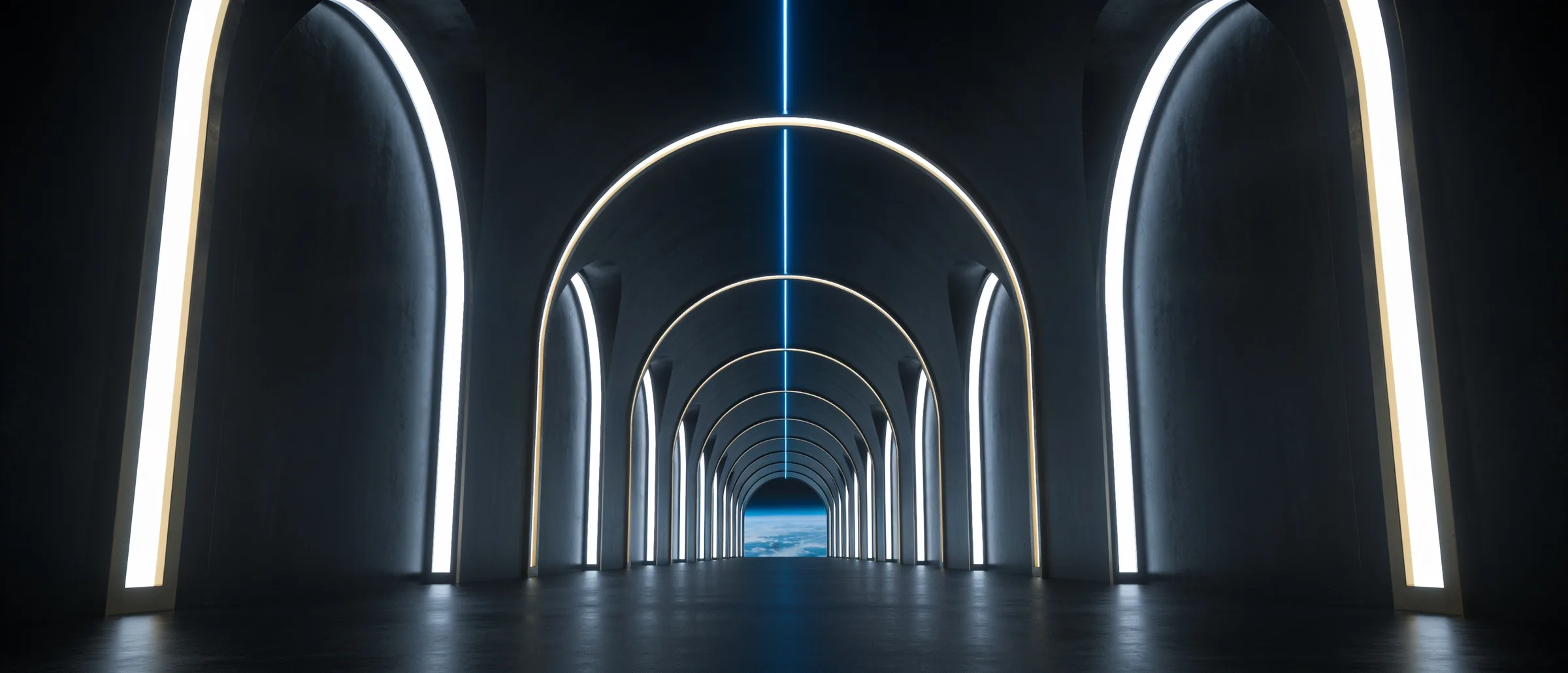 Abstract visualisation of a corridor of light opening onto a distant earth horizon.