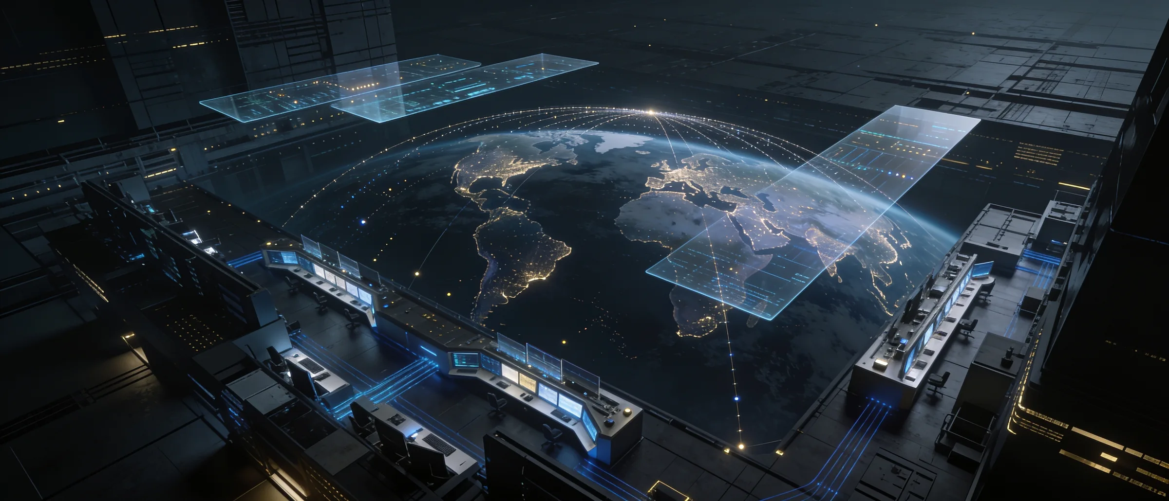 Illustrative visualisation of a global financial operations centre overlooking a worldwide transaction network.