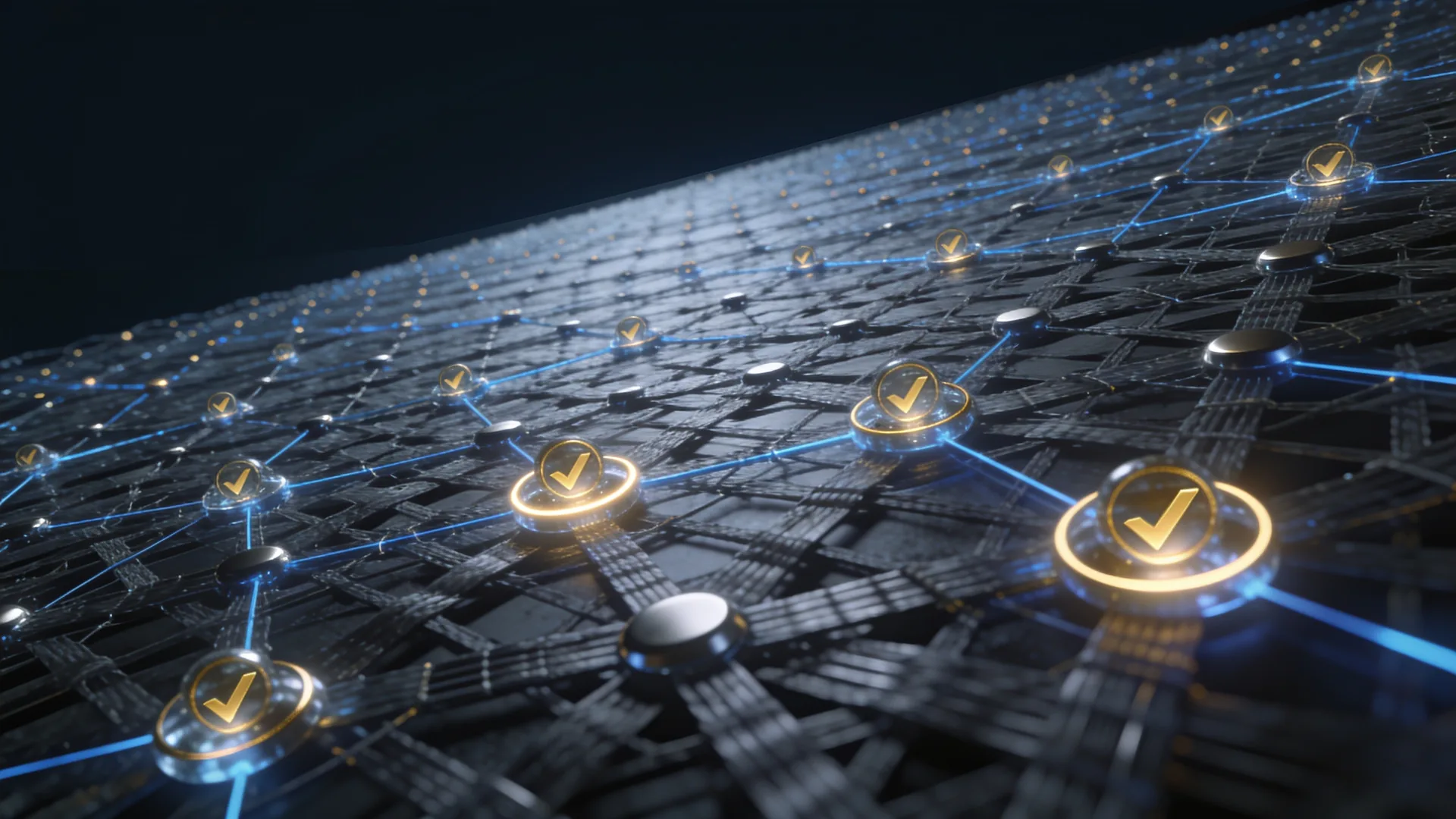 Abstract visualisation of a network of verified nodes forming a connected trust fabric.